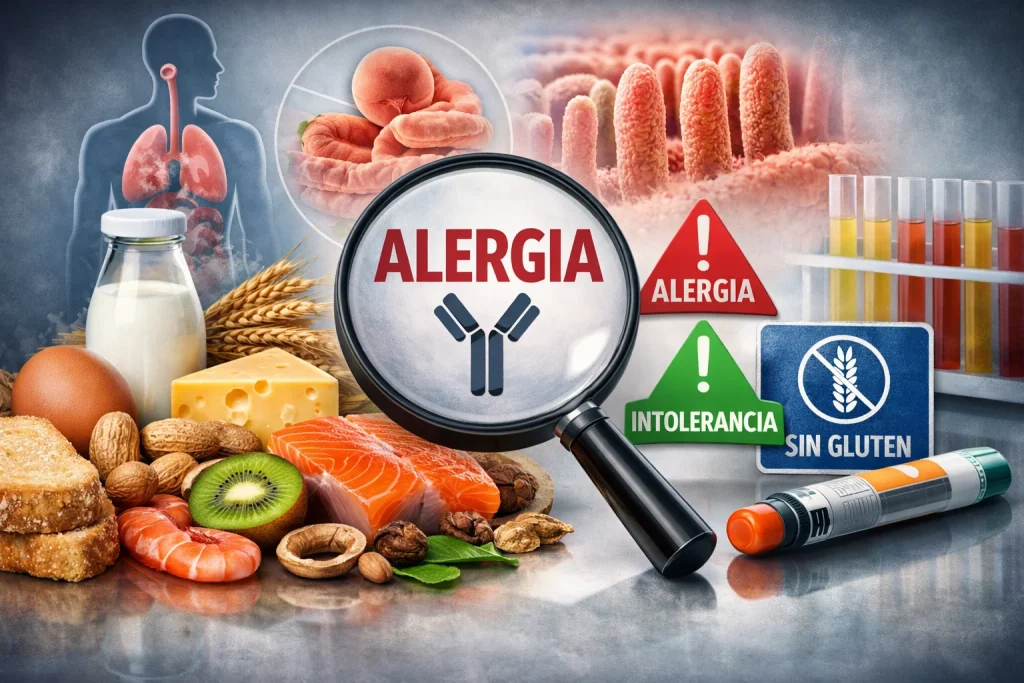 Ilustración sobre alergia alimentaria con alimentos que contienen alérgenos y reacción inmunológica IgE