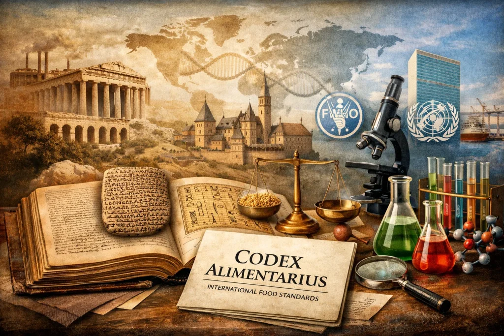 Representación gráfica de la evolución histórica de la regulación alimentaria, desde los primeros códigos sobre pesos y pureza hasta el desarrollo del Codex Alimentarius y los sistemas internacionales basados en evaluación científica.