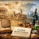 Representación gráfica de la evolución histórica de la regulación alimentaria, desde los primeros códigos sobre pesos y pureza hasta el desarrollo del Codex Alimentarius y los sistemas internacionales basados en evaluación científica.