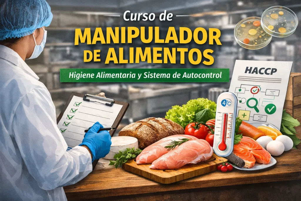 Manipulador de alimentos revisando alimentos frescos y un control de higiene en una cocina profesional.