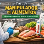 Manipulador de alimentos revisando alimentos frescos y un control de higiene en una cocina profesional.