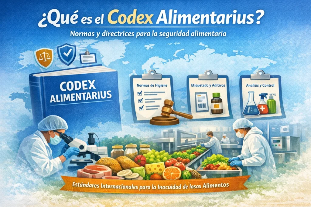 Ilustración del Codex Alimentarius con normas de higiene, etiquetado y control de alimentos.