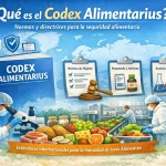 Ilustración del Codex Alimentarius con normas de higiene, etiquetado y control de alimentos.