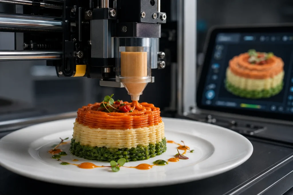 Impresora 3D creando alimentos personalizados mediante tecnología de fabricación aditiva.