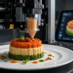 Impresora 3D creando alimentos personalizados mediante tecnología de fabricación aditiva.
