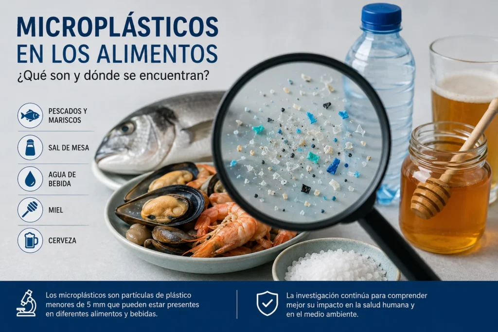 Infografía sobre microplásticos en los alimentos presentes en pescado, mariscos, sal, agua, miel y cerveza.