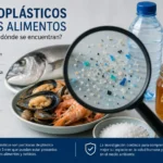 Infografía sobre microplásticos en los alimentos presentes en pescado, mariscos, sal, agua, miel y cerveza.